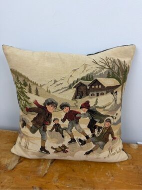 Hines Winter Ice Skating Tapestry Feather Pillow Made in England